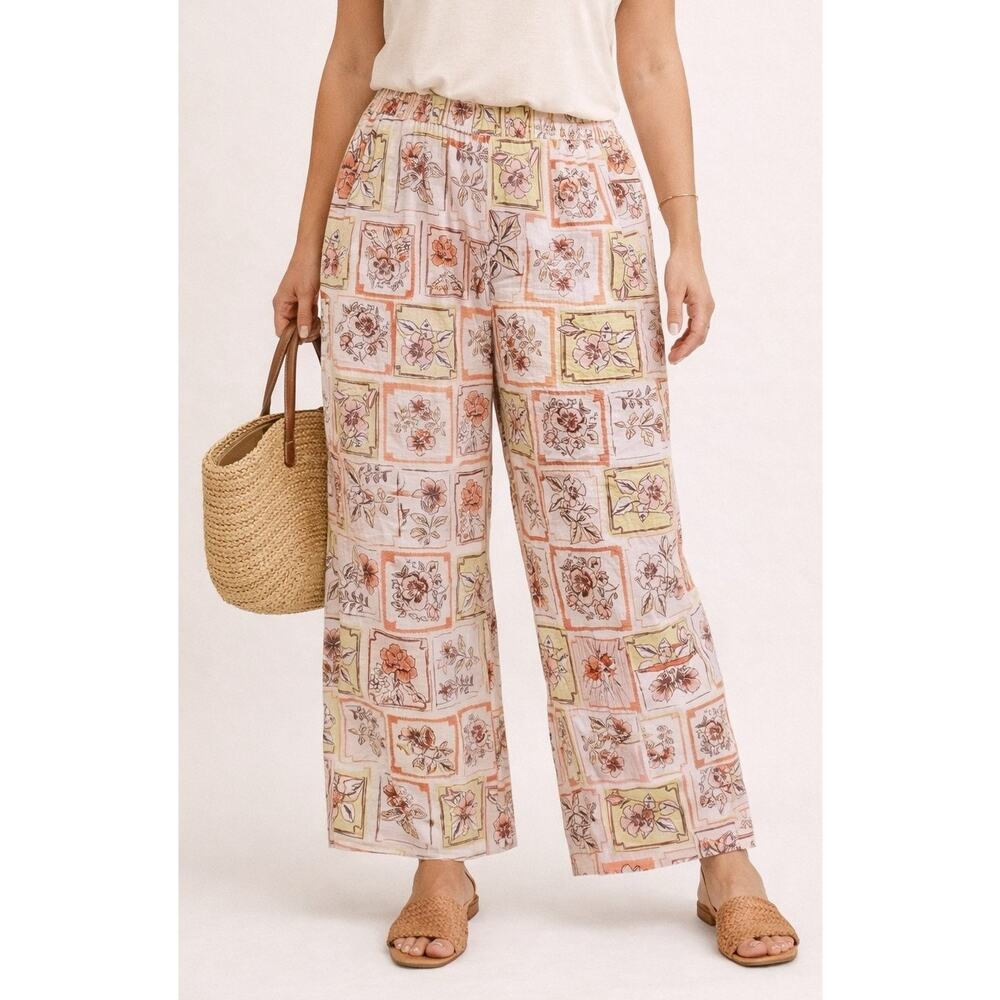 JOIE Floral Patchwork Linen Wide Leg Pants M Pink Coastal Resort Boho Lounge